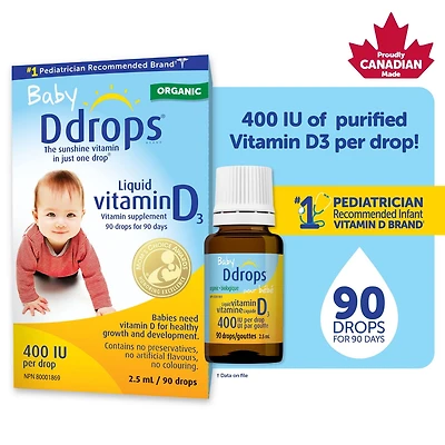 Baby Ddrops® Liquid Vitamin D3 Vitamin Supplement, 400 IU, 2.5 ml, 90 drops