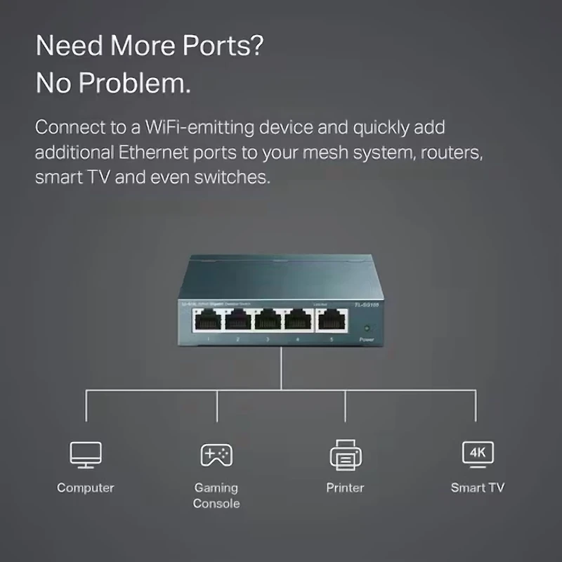 TP-LINK TL-SG105 5-Port 10/100/1000Mbps Desktop Gigabit Steel Cased Switch - 5 Ports - Gigabit Ethernet, TL-SG105 5-Port