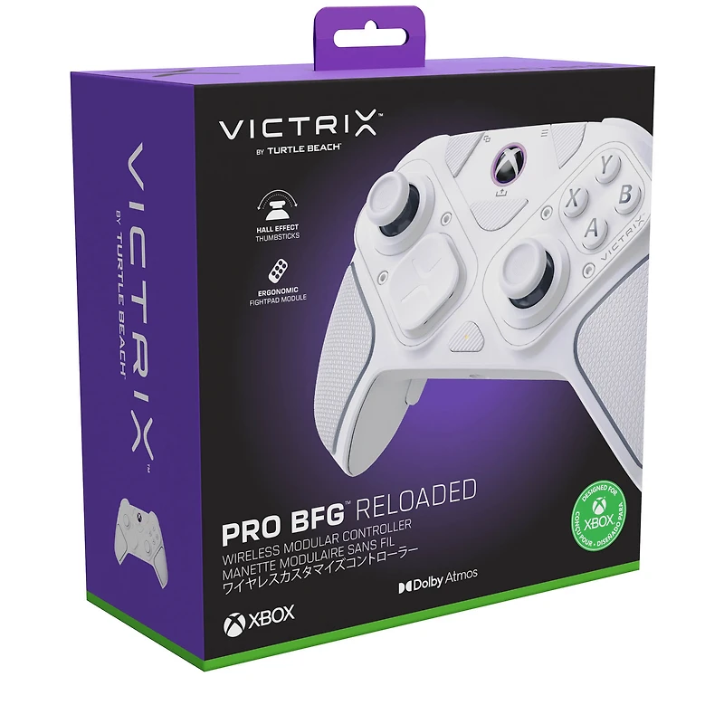 Manette de gaming modulaire sans fil Turtle Beach Victrix Pro BFG Reloaded pour Xbox Series X|S, Xbox One et PC Windows, Bluetooth, module Fightpad, sticks/gâchettes à effet Hall - Blanc