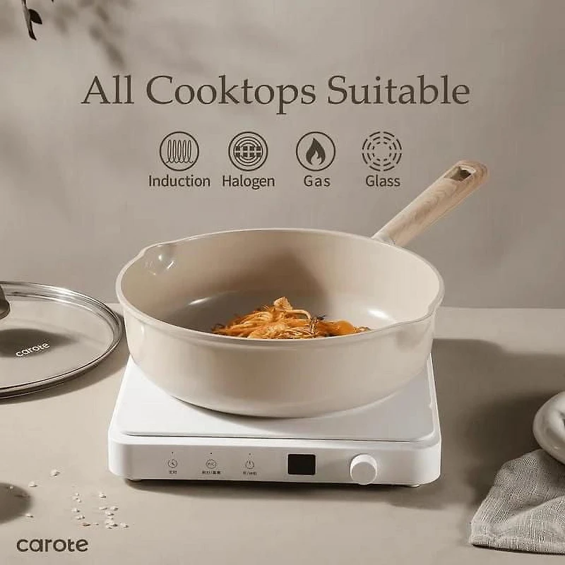 Carote Ceramic Pans and Pots Set, 13 Piece Industion Kitchen Non-Stick Cookware Sets Taupe