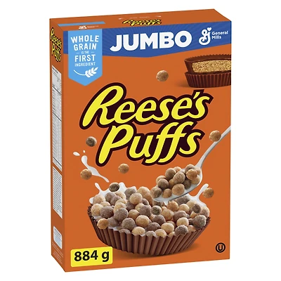 Reese's Puffs, Céréales Pour le Petit-Déjeuner Saveur Beurre d'Arachide et Chocolat, Grains Entiers, Format Géant, 884 g 884g