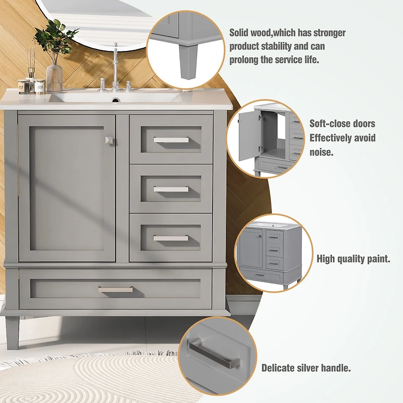 Homy Casa 30 in Modern Charcoal Grey Kitchen Sideboard with Ceramic Sink