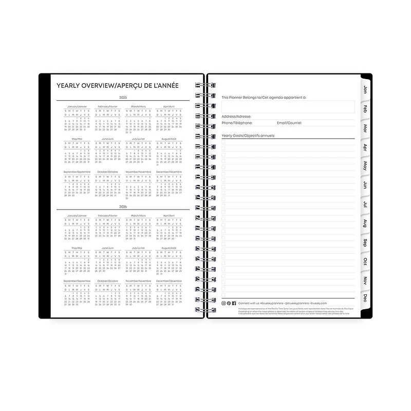 Agenda hebdomadaire/mensuel 2025, 5 po x 8 po, Blue Sky, noir uni