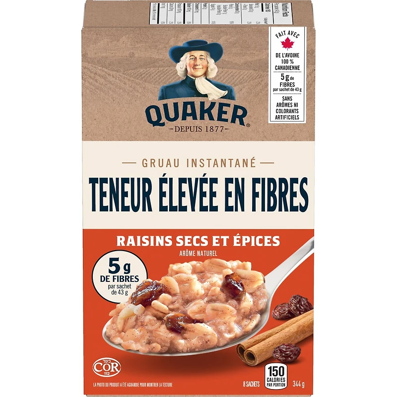 Quaker Gruau instantané Teneur élevée en fibres Raisins secs et épices 344 g.