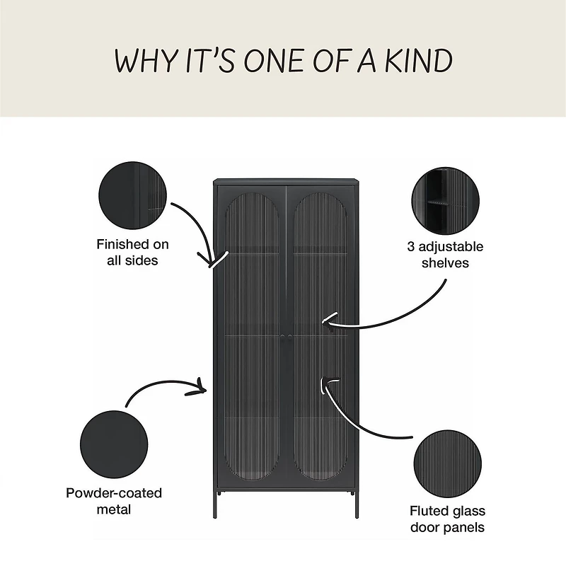 Mr. Kate Luna Tall 2-Door Accent Cabinet with Fluted Glass, Black