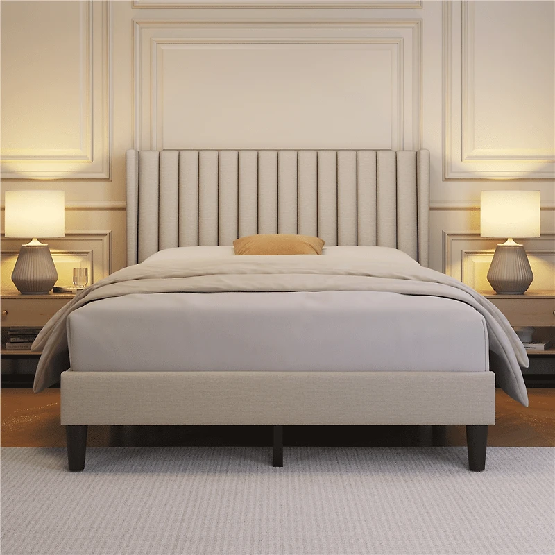 Fullfurnique Upholstered Bed Frame with Wing Side and Channel Headboard, King, Ivory