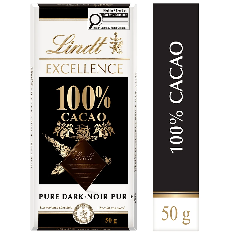 Chocolat noir Lindt EXCELLENCE à 100 % de cacao – Barre (50 g) Contient du cacao pur à 100 %.