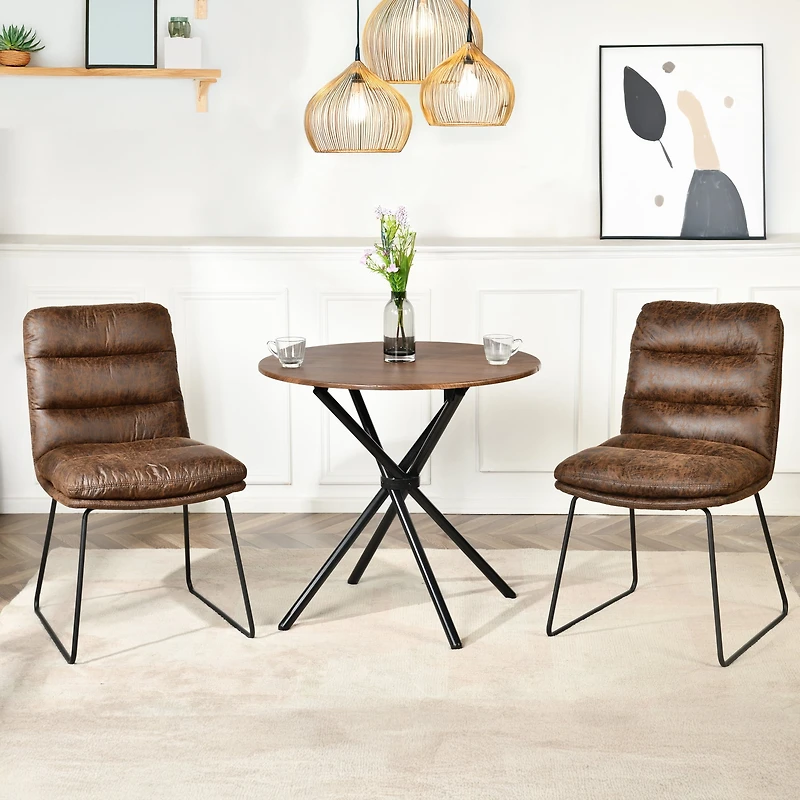 Ensemble salle à manger industriel Homy Casa avec chaises en similicuir, table espresso ronde pour 2 personnes et pieds luge, coin repas compact pour cuisine ou appartement, brun