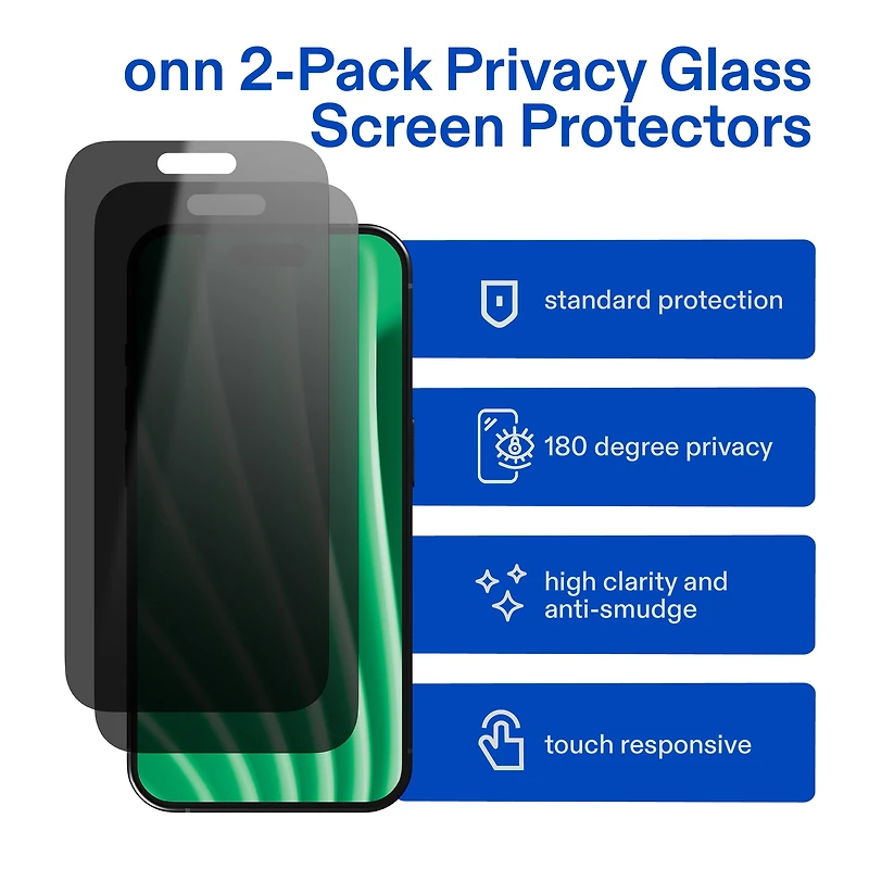 onn 2‑Pack Privacy Tempered Glass Screen Protectors for iPhone® 17, 180° Privacy, Standard Drop & Scratch Protection, Includes Easy Application Frame