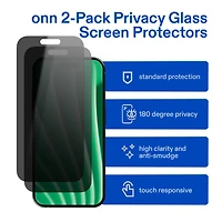 onn 2‑Pack Privacy Tempered Glass Screen Protectors for iPhone® 17, 180° Privacy, Standard Drop & Scratch Protection, Includes Easy Application Frame