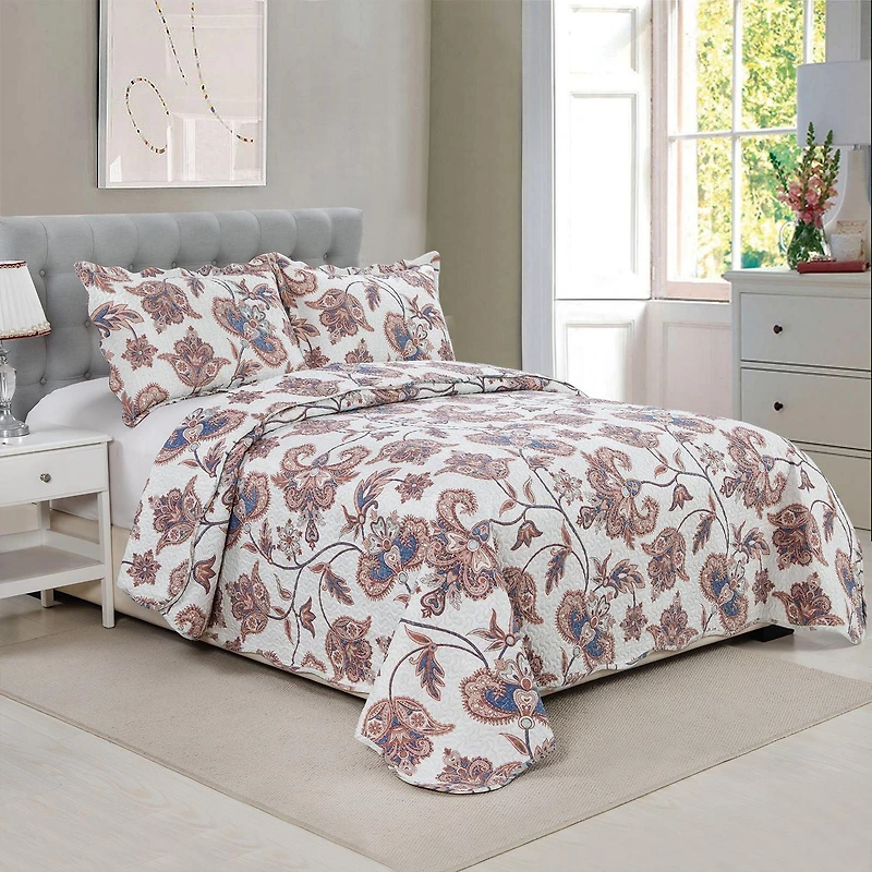 Marina Decoration Parure de lit ultra douce avec couvre-lit en tissu Pinsonic imprimé en relief et taies d'oreiller, motif floral cachemire taupe