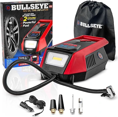 Gonfleur de pneu Bullseye 12 V CC – Gonflage rapide en 2 minutes, arrêt automatique, max 150 PSI, rangement facile du cordon, manomètre numérique, affichage LED