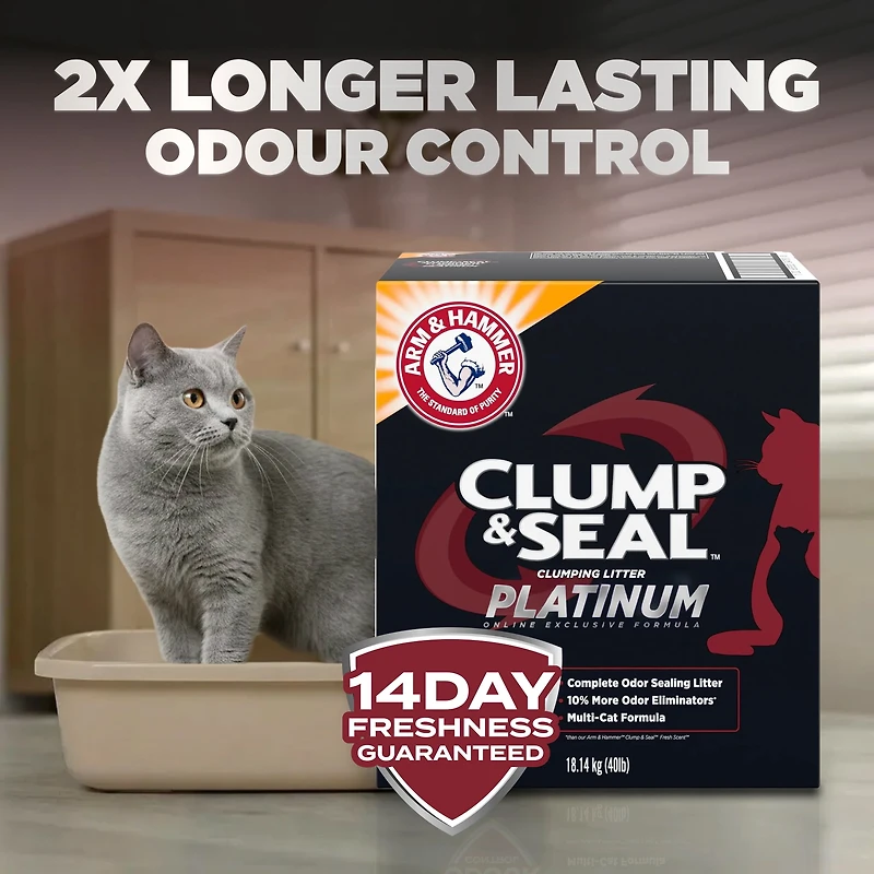 Arm & Hammer Platinum Clump & Seal Clay Cat Litter, Multi-Cat, Easy Clean up, Rock Hard Clumps, Odour Control, Dust Free, Value Size, 18.14kg