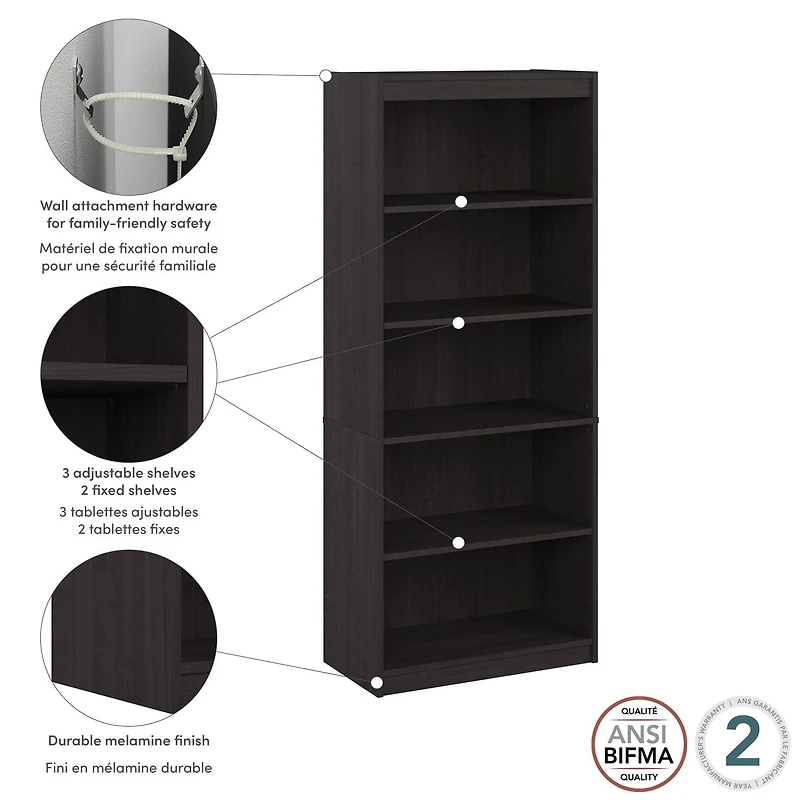 Bestar Universel 30W Standard 5 Shelf Bookcase in charcoal maple