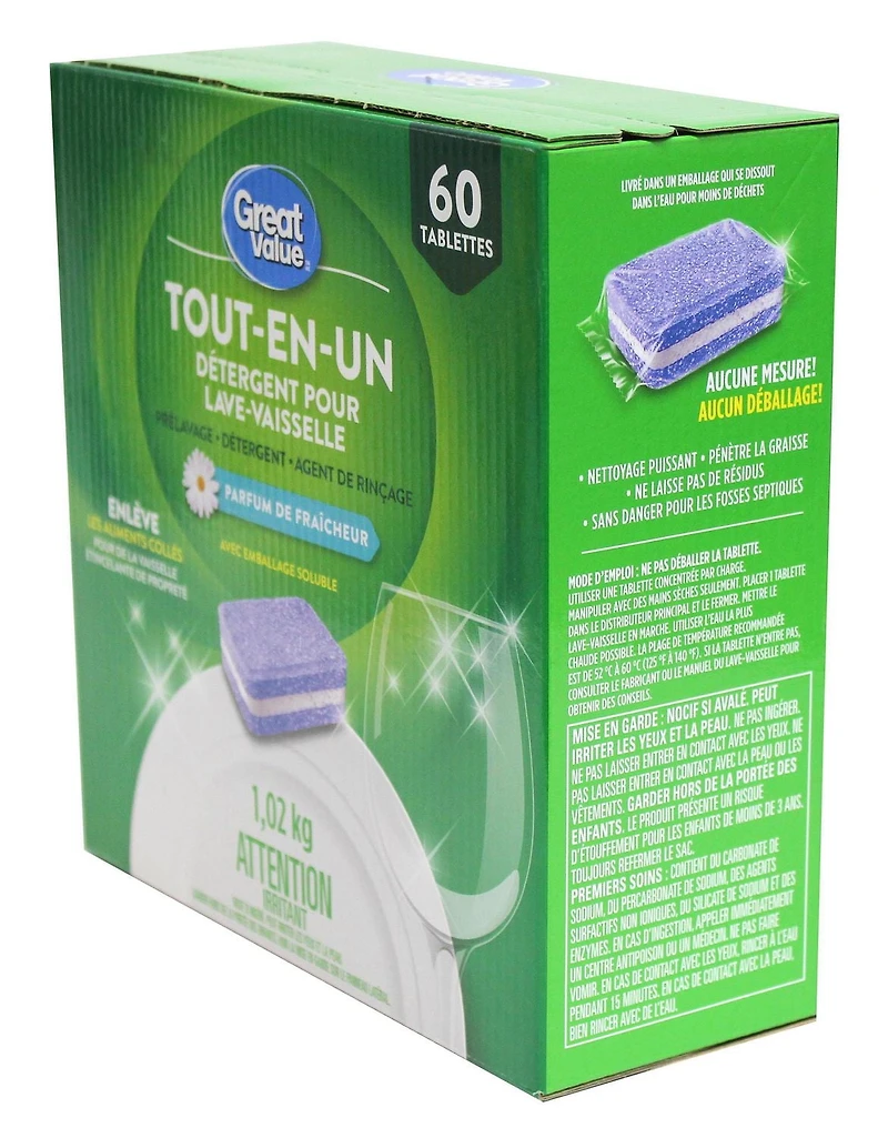 Great Value All-In-One Dishwasher Detergent, 60 Tabs / 1.02 kg