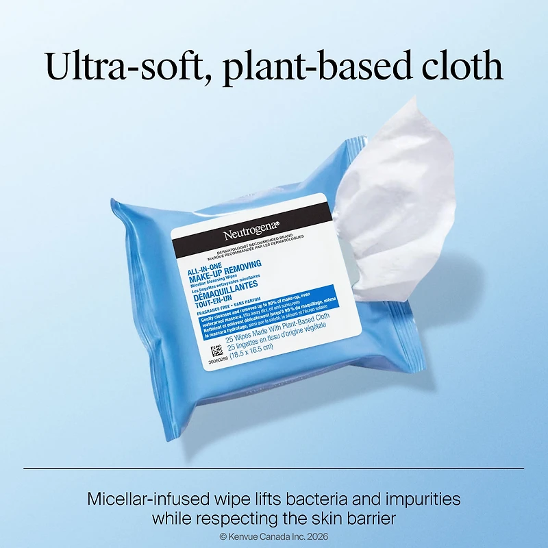 Lingettes nettoyantes démaquillantes non parfumées tout-en-un Neutrogena – Sans alcool, peaux sensibles