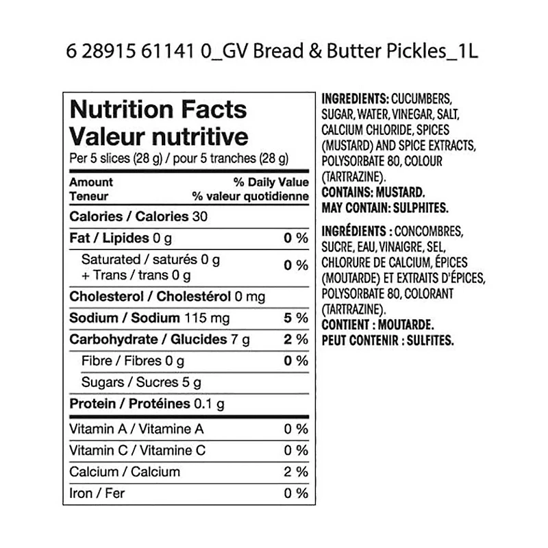 Great Value Bread & Butter Sweet Pickles, 1L