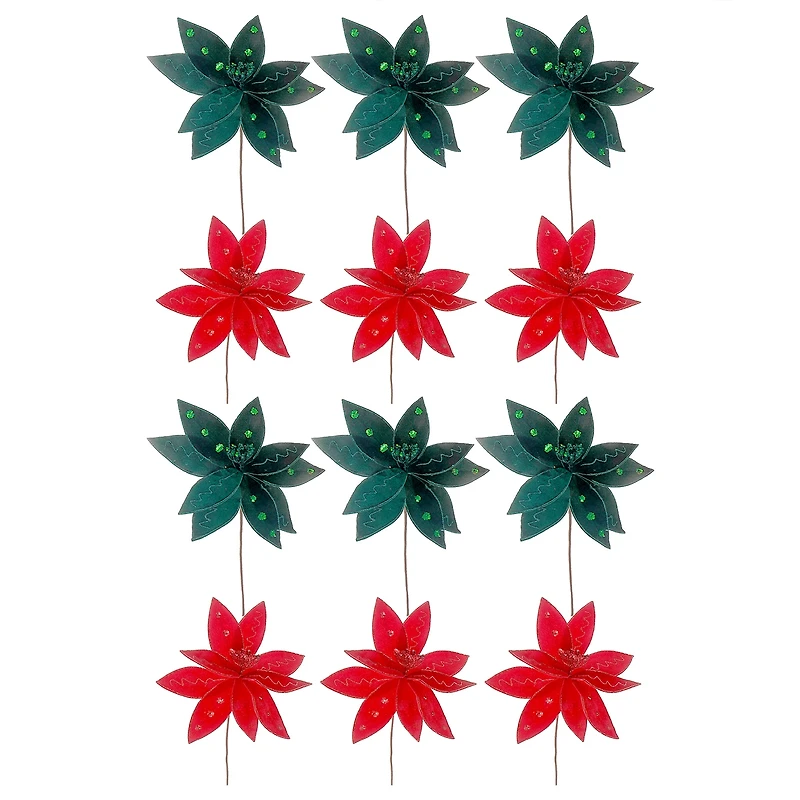 Lot De 12 Pics À Poinsettia En Feutre Pailleté