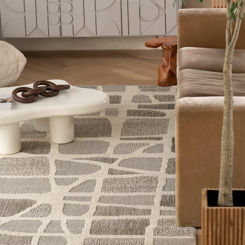 Tapis d'interieur exterieur abstrait Rug Branch Hogar, gris creme, moderne - Salon, chambre, salle a manger et cuisine