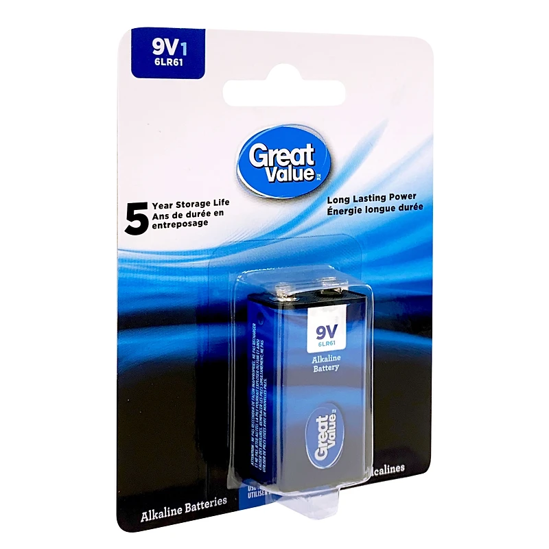 Great Value 9 V 6LR61 Alkaline Battery 1-Pack, 5-year storage life, Long lasting power guarantee
