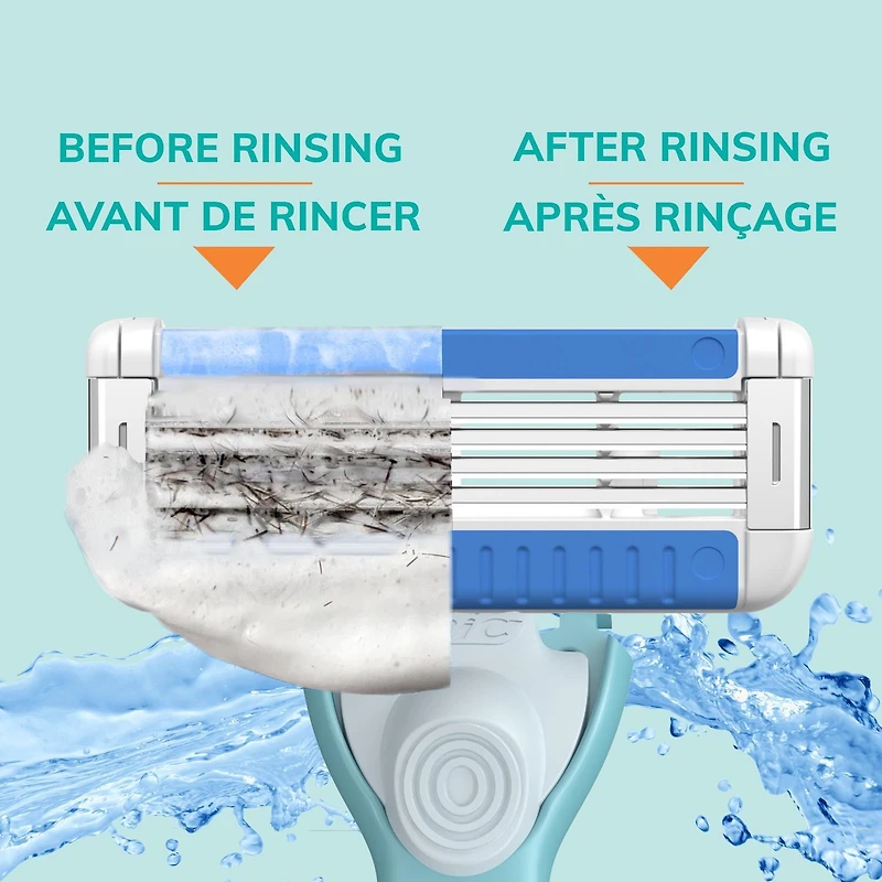 Ensemble de rasoirs pour femmes rechargeables BIC EasyRinse anti-encrassement avec 4 lames, 1 manche de rasoir et 3 cartouches de recharge