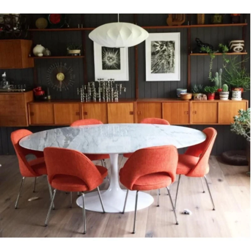 Bria Elegant Oval Dining Table with Carrara Marble Top and White Aluminum Base – A Refined and Timeless Design