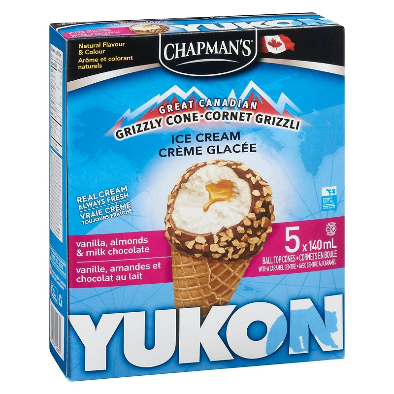Chapman's Yukon Grizzly Vanilla and Almonds Ice Cream Cone in a Box, 5 x 140mL