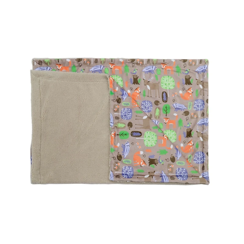 Marina Decoration Reversible Rich Printed Woven Fluffy Plush Soft Warm Flannel Fleece Children Throw Sherpa Kids Blanket, 40 x 50 Inch Fox Forest With Taupe Base Pattern