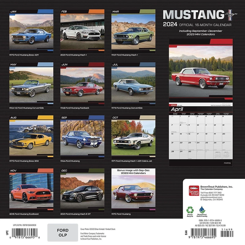 BrownTrout Mustang OFFICIAL 2024 12x24 Inch Square Wall Calendar, 9781975466695