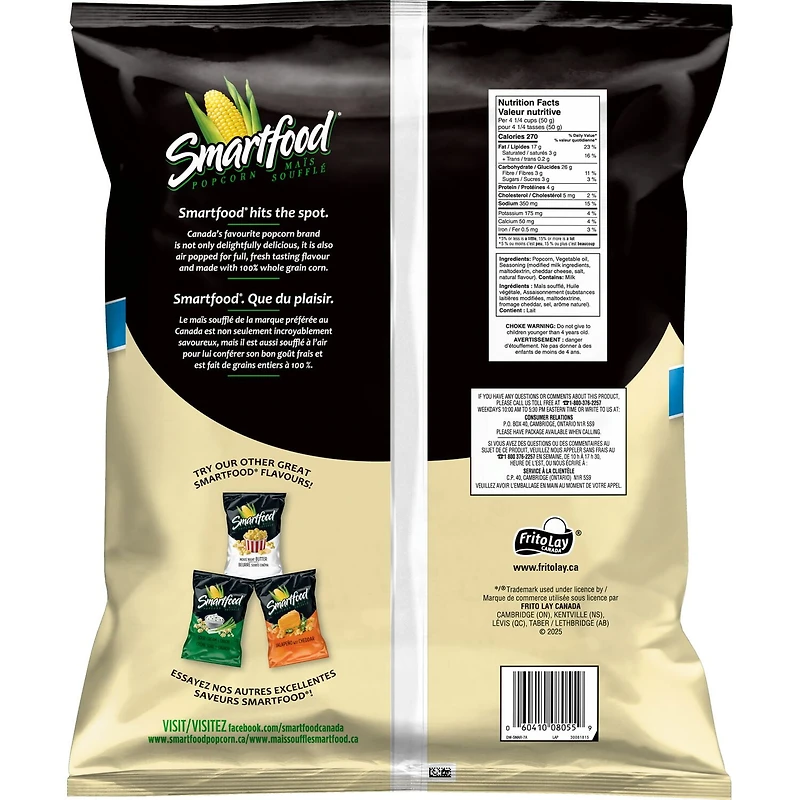 Smartfood maïs soufflé assaisonné saveur Cheddar blanc, format écono 350 g.