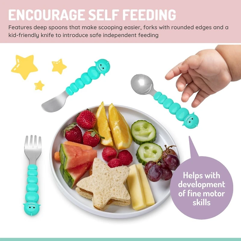 melii Spoon, Fork & Knife Set, Stainless Steel – Bulldog, Cat, Shark, Bear – BPA Free, Dishwasher safe