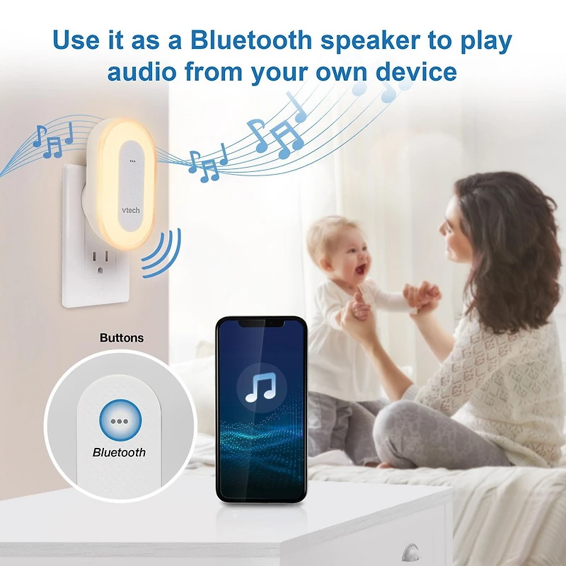 Le haut-parleur Bluetooth dispositif d’apprentissage du sommeil V-Hush Plug de VTech comprend un programme professionnel d'apprentissage du sommeil, une veilleuse colorée à une touche, des histoires p