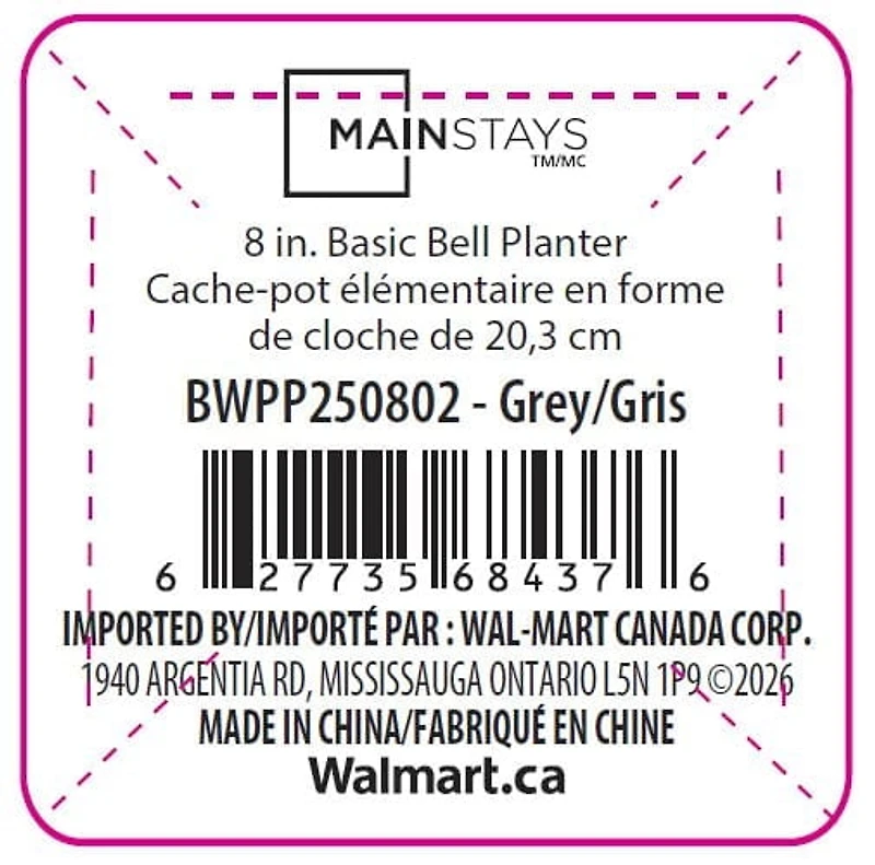 Mainstays Basic Bell Planter 12 inch Grey, Classic Design with Attached Tray Durable Weather Resistant Matte Finish