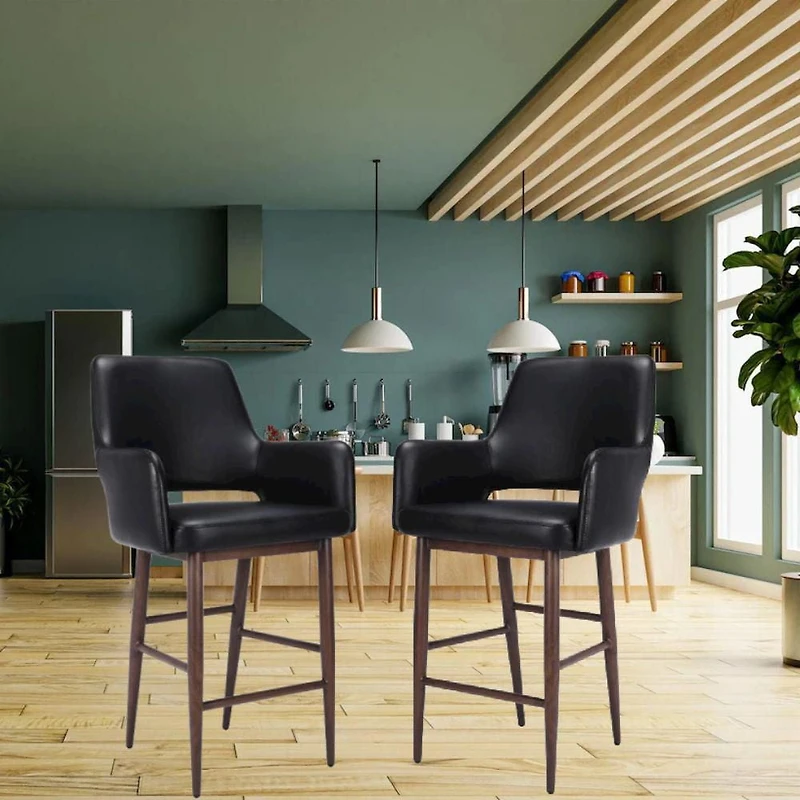 Take Me Home – Tabouret de bar à dossier haut en PU noir style milieu de siècle avec accoudoirs, structure en métal noyer et repose-pieds – Siège robuste et confortable pour cuisine, bar ou salle à ma