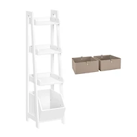 Kids 4-Tier 13in Ladder Shelf with Toy Organizer and 2pc Taupe Bins