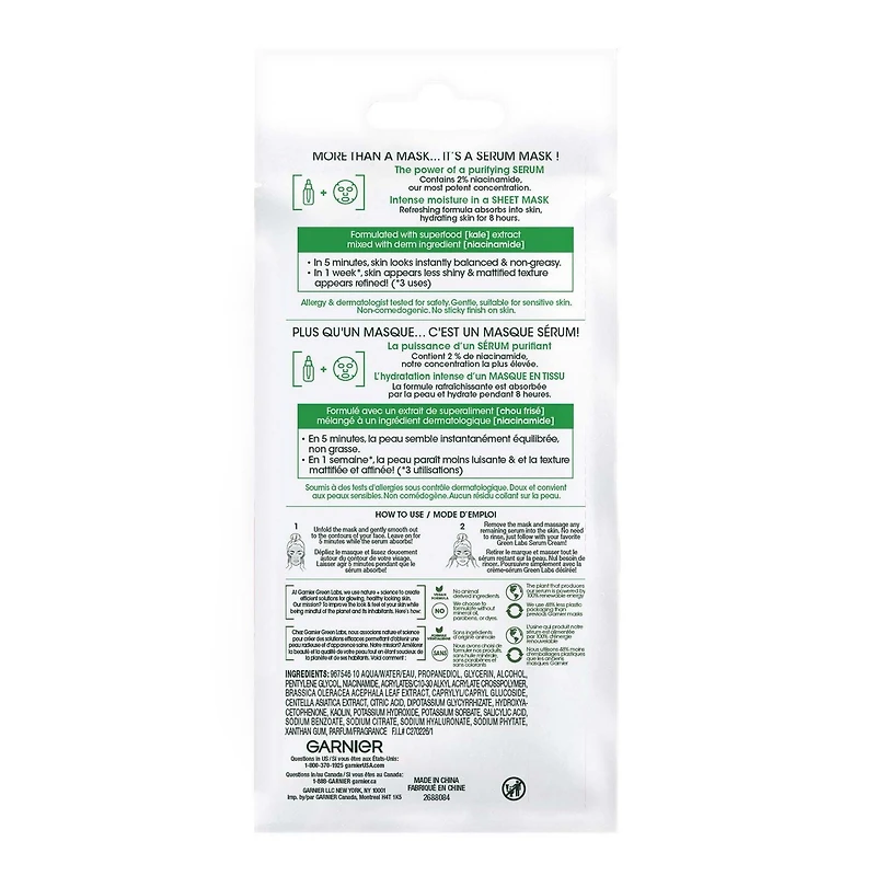 Garnier Sérum Masque en Tissu avec Niacinamide + Kale, soin équilibrant de la peau pour peau grasse, 1 masque en tissu (14 mL)