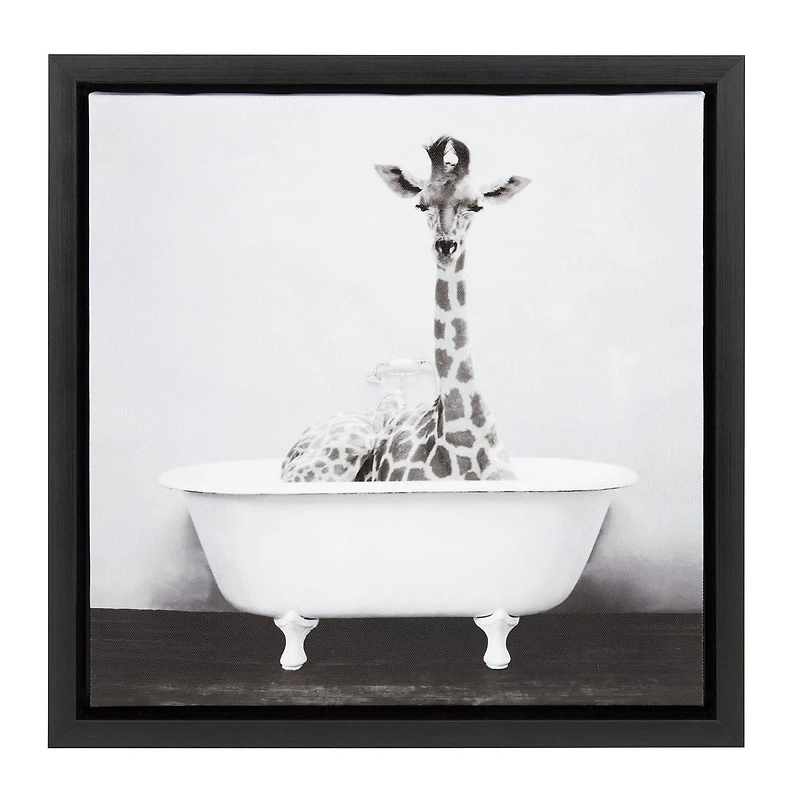 DesignOvations Baby Giraffe in the Tub Framed Canvas Wall Art, 14" x 14"
