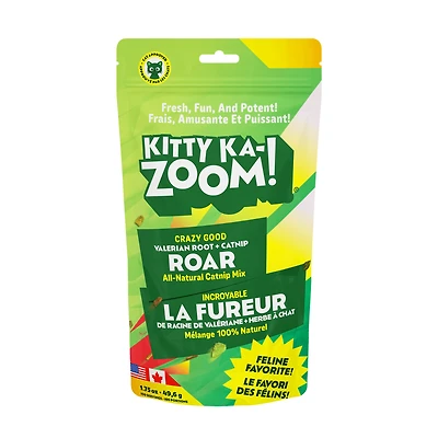 Kitty Ka Zoom Roar Mélange d'herbe à chat, de racine de valériane et d'herbe à chat pour chats, sachet refermable de 49,6 g (1,75 oz).