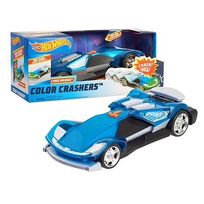 Hot Wheels Color Crashers Cyber Speeder Vehicle, 10-Inch Blue Motorized Toy Car with Lights and Realistic Racing Sounds