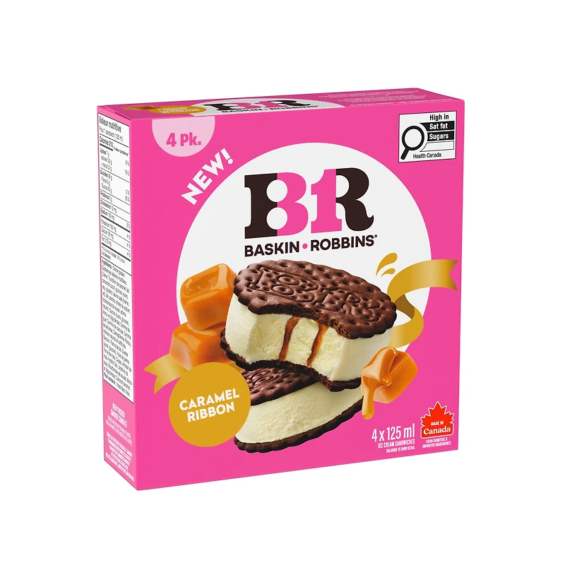 BASKIN ROBBINS Caramel Ribbon Ice Cream Sandwiches, Prepared in Canada with Canadian Dairy, Kosher, 4 x 125 ml
