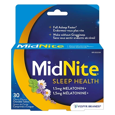 MidNite Natural Sleep Aid Comprimés à croquer – Saveur cerisier | Contient mélatonine, camomille, lavande et baume au citron | Traitement pour insomnie occasionnelle | Formation sans habitude | Le seu 30 comprimés