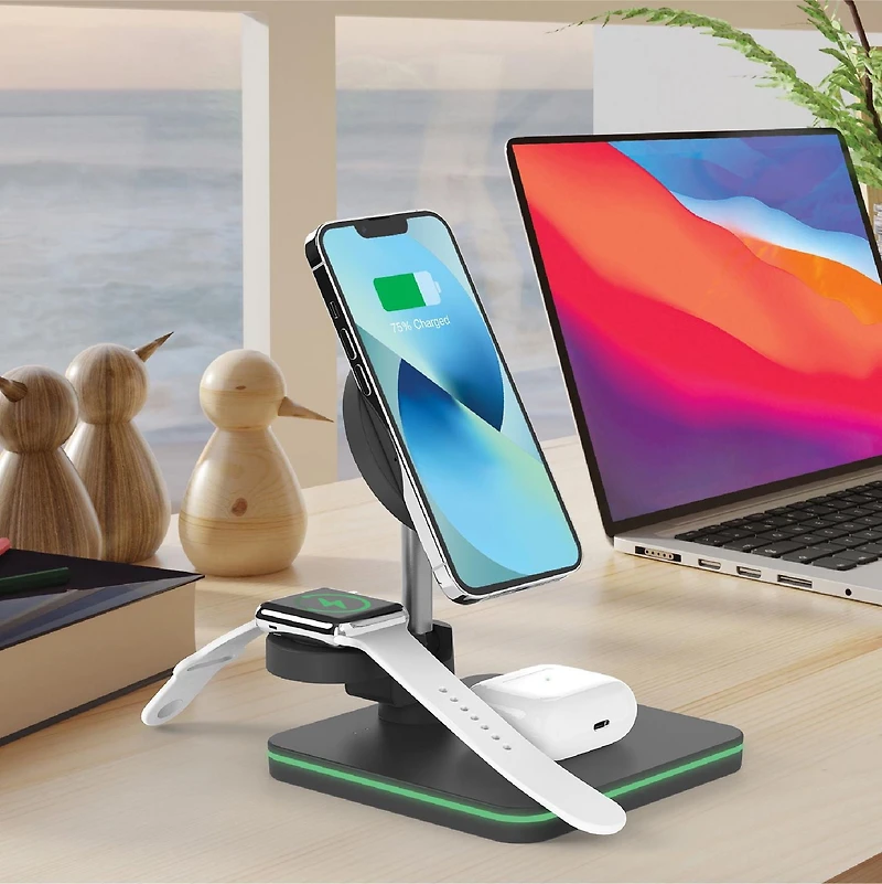 Merkury Innovations 3-in-1 Magnetic Wireless Fast Charging Station for iPhone, AirPods and Apple Watch, 3-in-1 Magnetic Wireless Charging Station