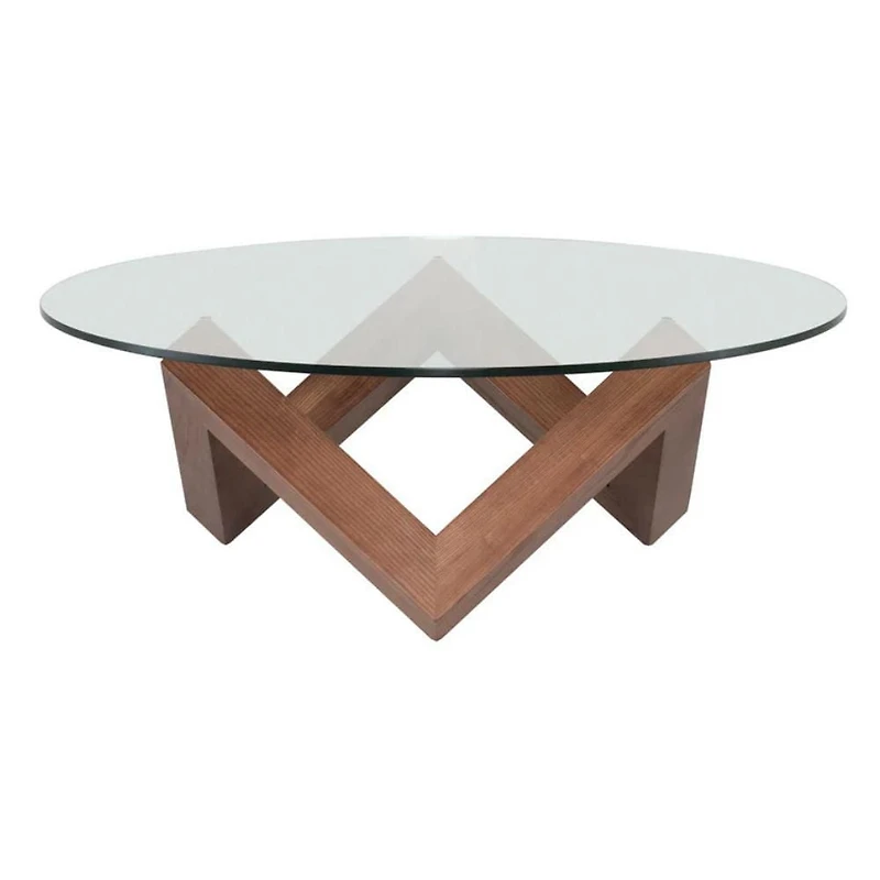 Como Round Coffee Table with Walnut stained ash base w/ Clear tempered glass top