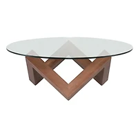 Como Round Coffee Table with Walnut stained ash base w/ Clear tempered glass top