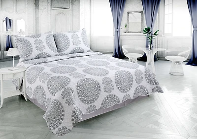 Marina Decoration Couvre-lit imprimé riche, couvre-lit ultra doux, parure de lit d'été avec taie d'oreiller matelassée, motif mandala floral gris