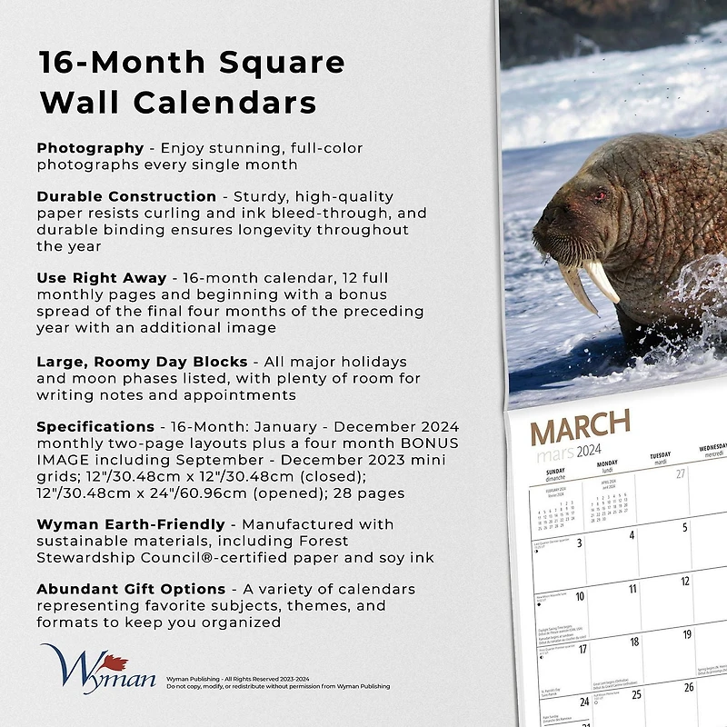Wyman Publishing Canadian Geographic Wildlife 2024 12x24 Inch Square Wall Calendar, 9781525611445