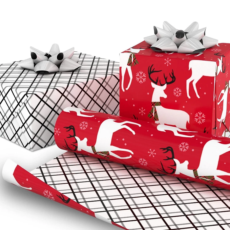 Hallmark Reversible Christmas Wrapping Paper (Reindeer and Holiday Plaid)