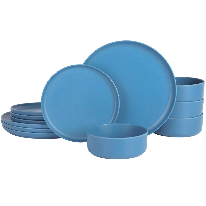 Gibson Home Canyon Crest 12 Piece Melamine Dinnerware Set, Dark Blue, Matte Finish