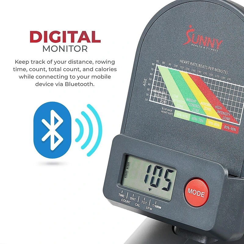 Rameur magnétique intelligent Sunny Health & Fitness avec rail coulissant étendu avec application exclusive SunnyFit® Connectivité Bluetooth améliorée – SF-RW522016