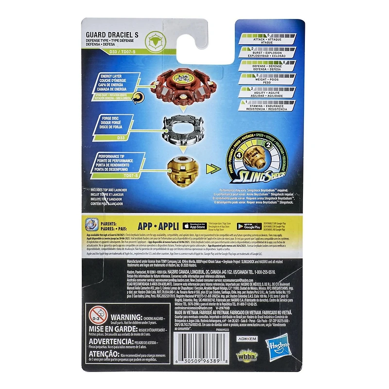 Beyblade Burst Rise Slingshock, Kit de départ Guard Draciel S, toupie à rotation droite, lanceur à rotation droite/gauche, à partir de 8 ans